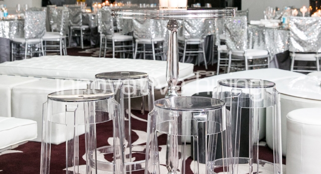 Features: New York Bar Table with Charles Ghost Bar Stools