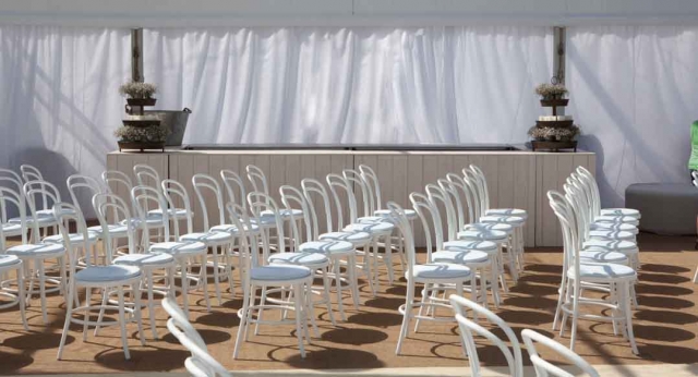 Features: White Bentwood Chairs & Wood Panelled Food Station