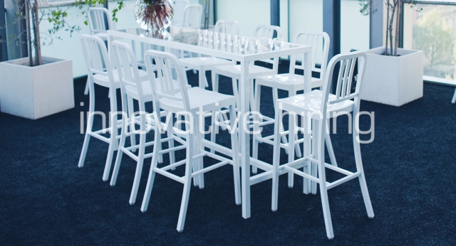 Features: Rectangle Bench Bar with Navy Stools