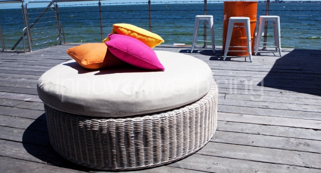 Features: Coastal Rattan Ottoman & Oil Drum with Tolix Bar Stools